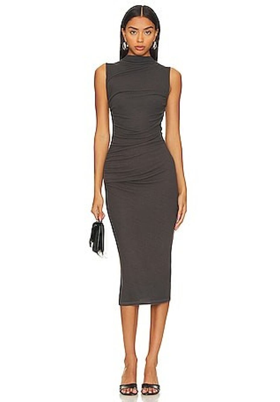 Enza Costa Silk Knit Sleeveless Twist Midi Dress Dark Pewter - M